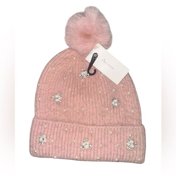 Womens Pink Embellished Beanie with Pom Pom. - Picture 1 of 2